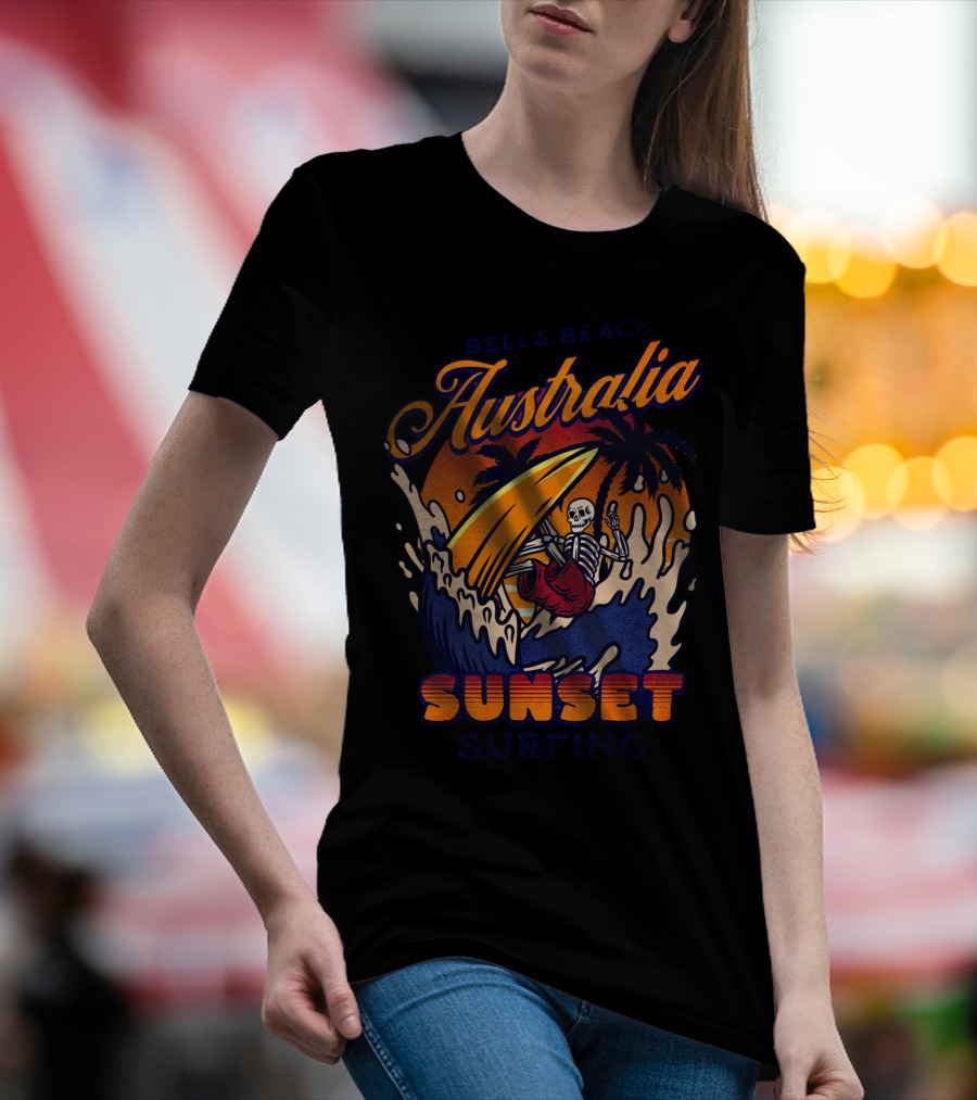Bells Beach Australia Sunset Surfing Skeleton On Wave With Palm Trees T-Shirt