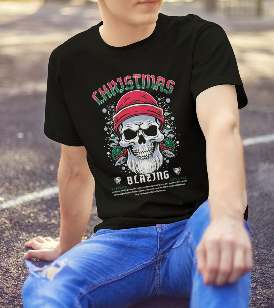 CHAJISMIS Blazing Skull Joy To The World Merry Christmas T-Shirt