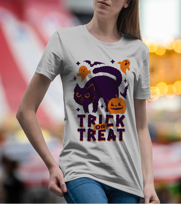 Trick Or Treat Cats Ghosts Pumpkins And Bats T-Shirt