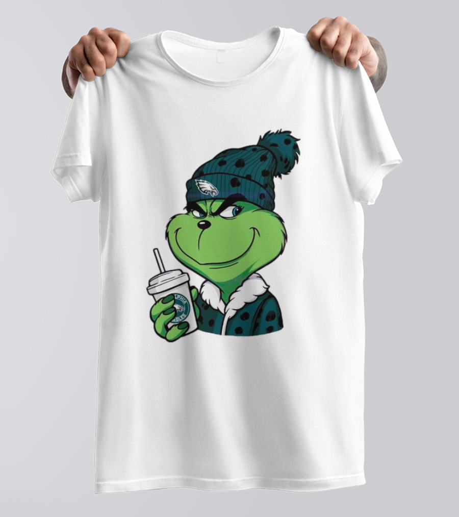 Grinch Holding Cup Wearing Philadelphia Eagles Beanie T-Shirt