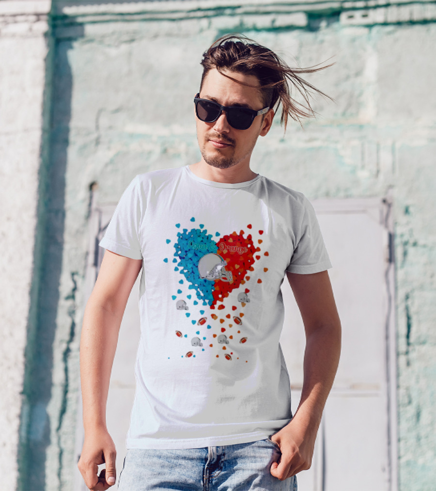 Miami Dolphins Aqua And Orange Heart With Football Helmets And Hearts T-Shirt
