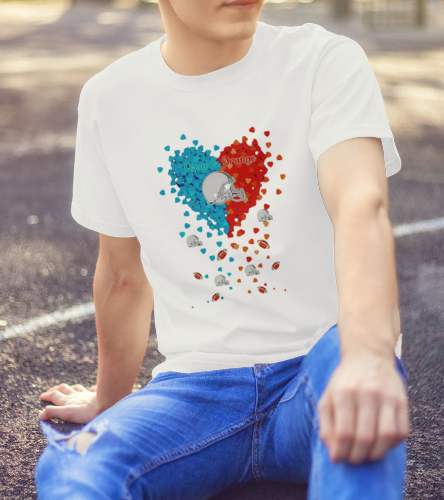 Miami Dolphins Aqua And Orange Heart With Football Helmets And Hearts T-Shirt
