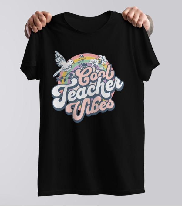 Cool Teacher Vibes Retro Rainbow Floral Design With Dove T-Shirt