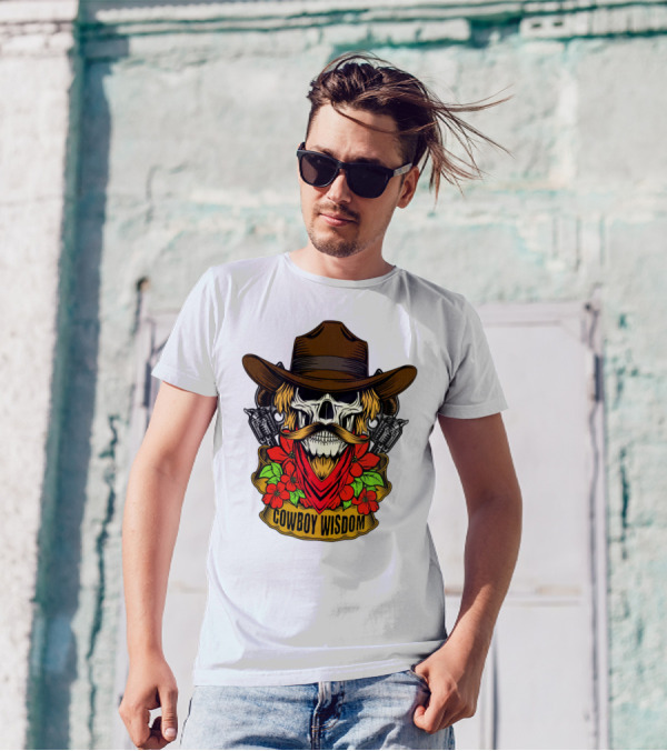 Cowboy Wisdom Skull Western Skeleton Bandana Pistols Flowers T-Shirt