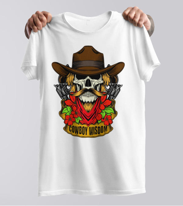Cowboy Wisdom Skull Western Skeleton Bandana Pistols Flowers T-Shirt