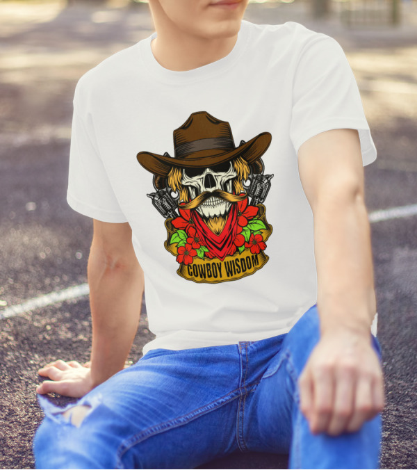 Cowboy Wisdom Skull Western Skeleton Bandana Pistols Flowers T-Shirt