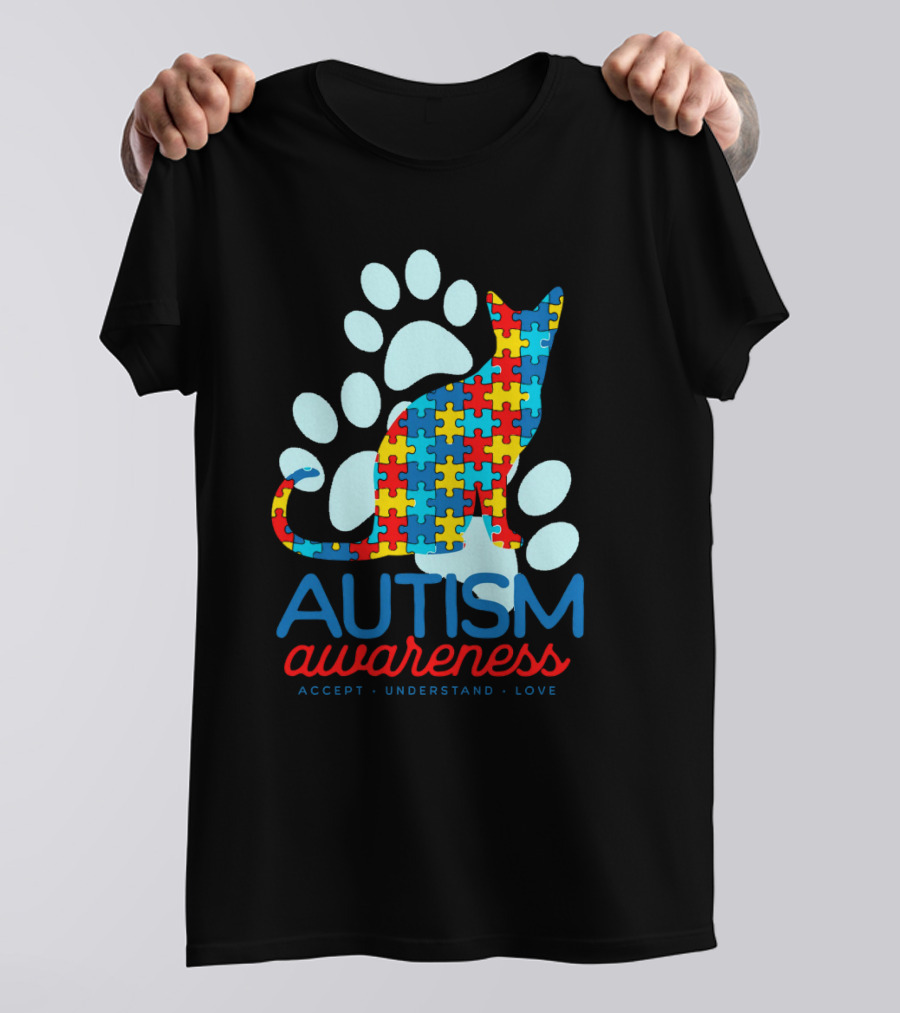 Autism Awareness Accept Understand Love Puzzle Cat Paw T-Shirt