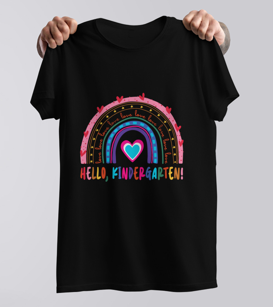 Hello Kindergarten Love Rainbow Hearts Back To School T-Shirt