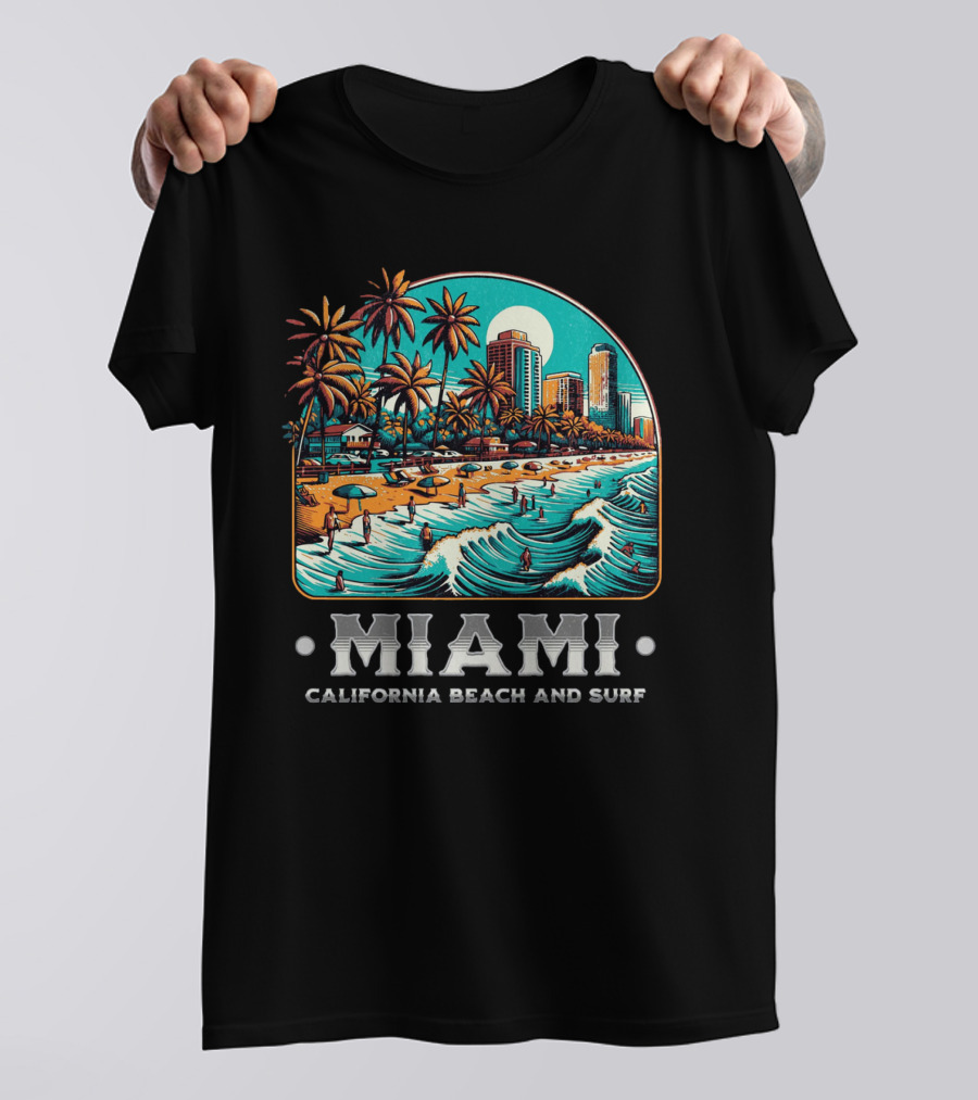 Miami Beach And Surf California Palm Skyline Ocean Waves T-Shirt