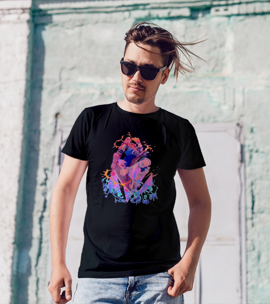 Skateboard Knight Neon Fantasy Warrior On Shredding Skeletons T-Shirt