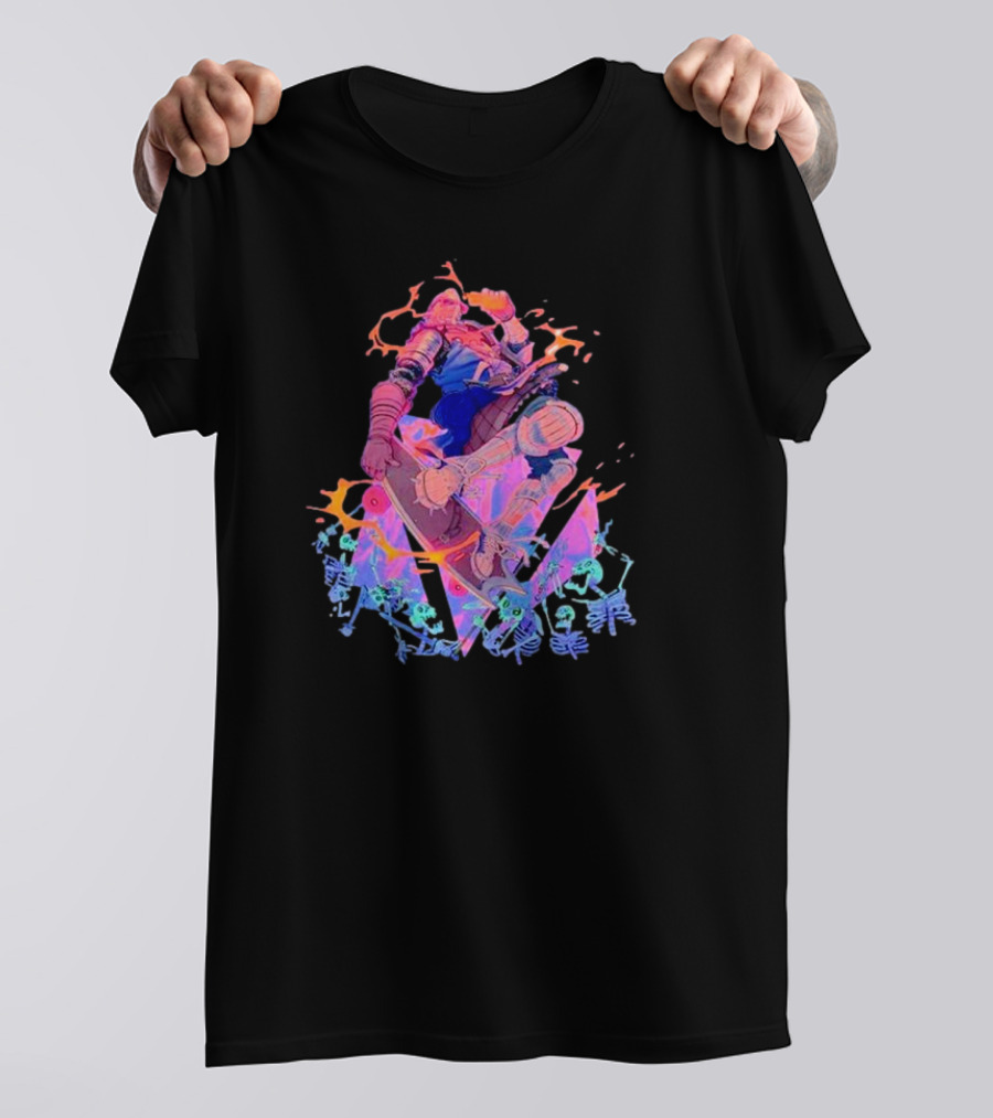 Skateboard Knight Neon Fantasy Warrior On Shredding Skeletons T-Shirt