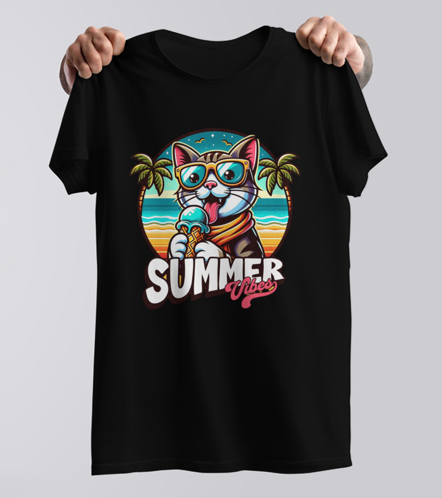 Summer Vibes Cat With Sunglasses And Ice Cream Ocean Sunset Palms T-Shirt