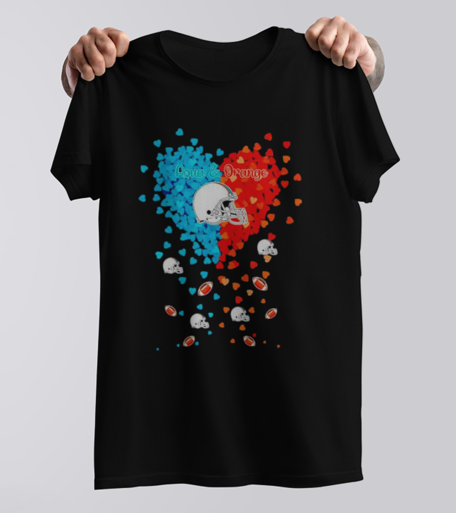 Aqua And Orange Miami Dolphins Hearts And Helmets Football T-Shirt