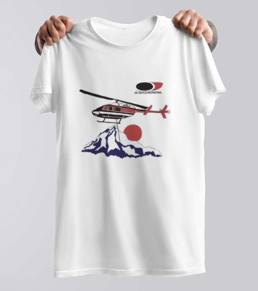 Air Services International Helicopter Over Mountain And Red Sun T-Shirt