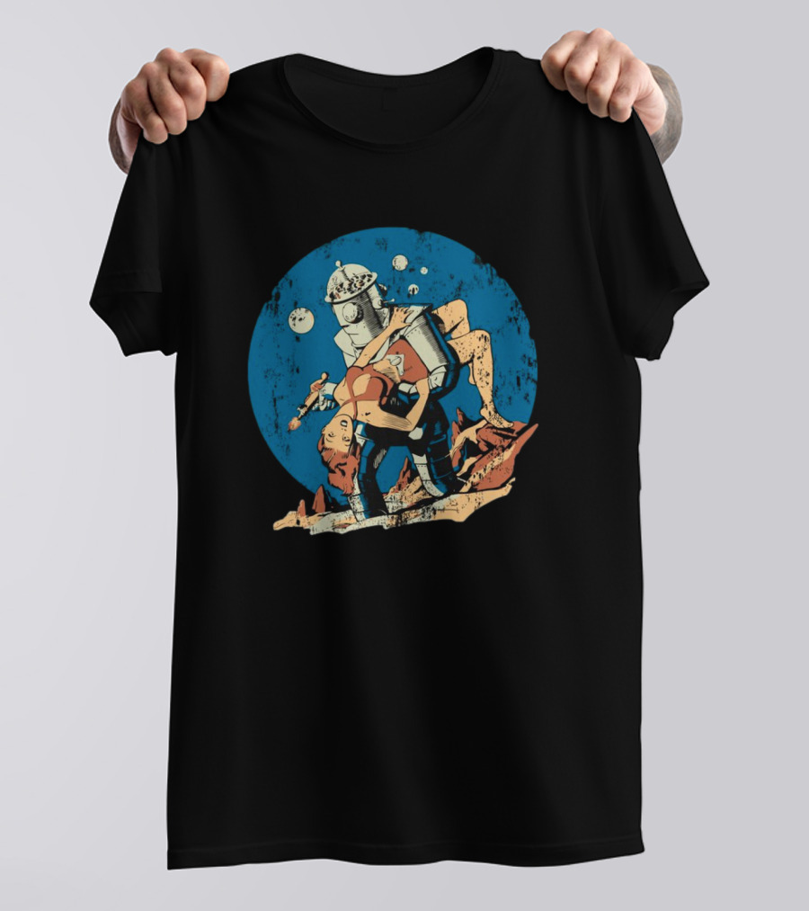 Damselindistress Retro Robot Romance Vintage Sci-Fi Space Adventure T-Shirt