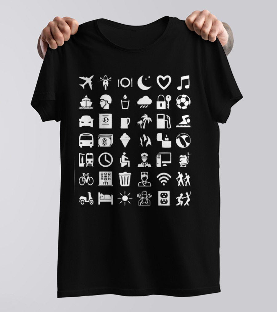 Symbol Travel Icons Airplane Music Bicycle Coffee Mug WiFi Soccer Bed Scooter Sun Plug Adventure T-Shirt