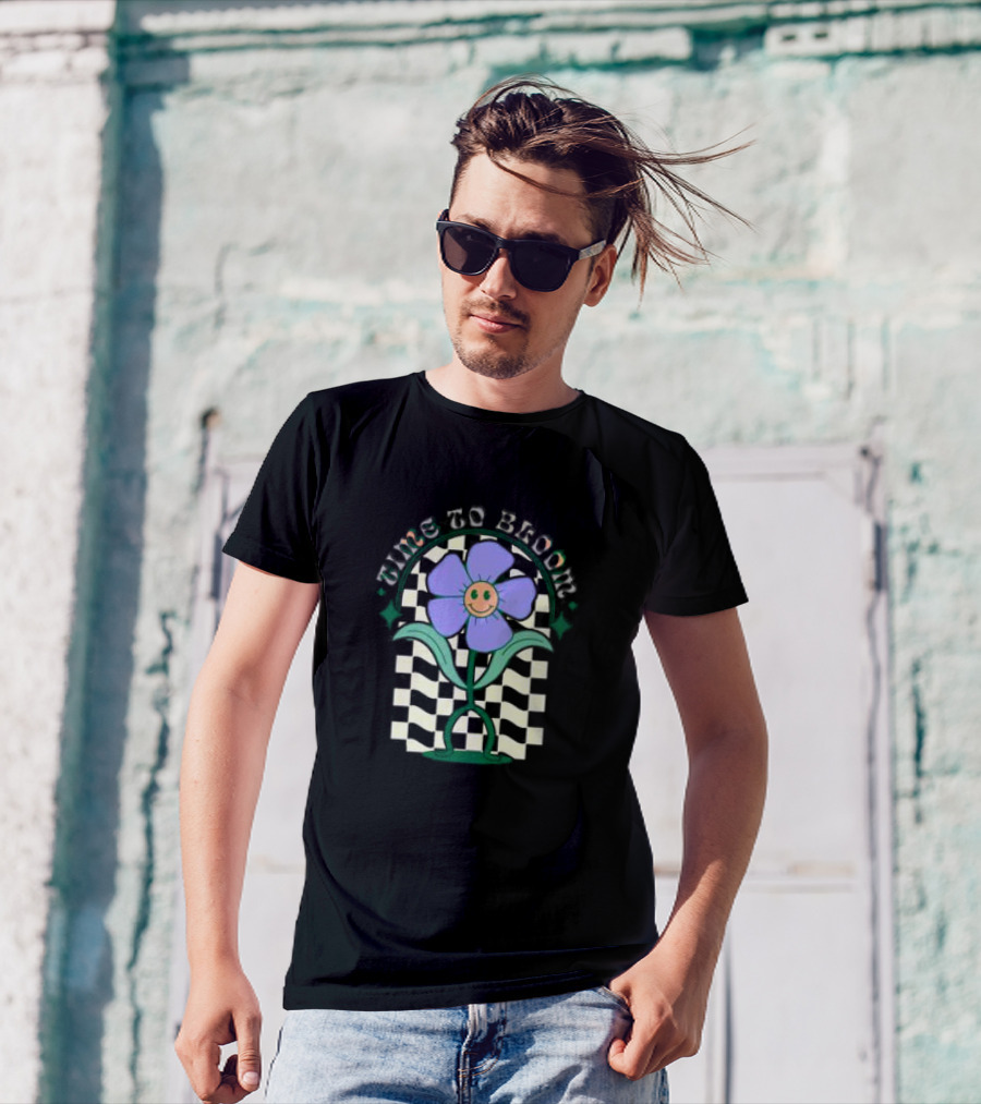 Time To Bloom Flower With Checkerboard Background And Smiley Face T-Shirt