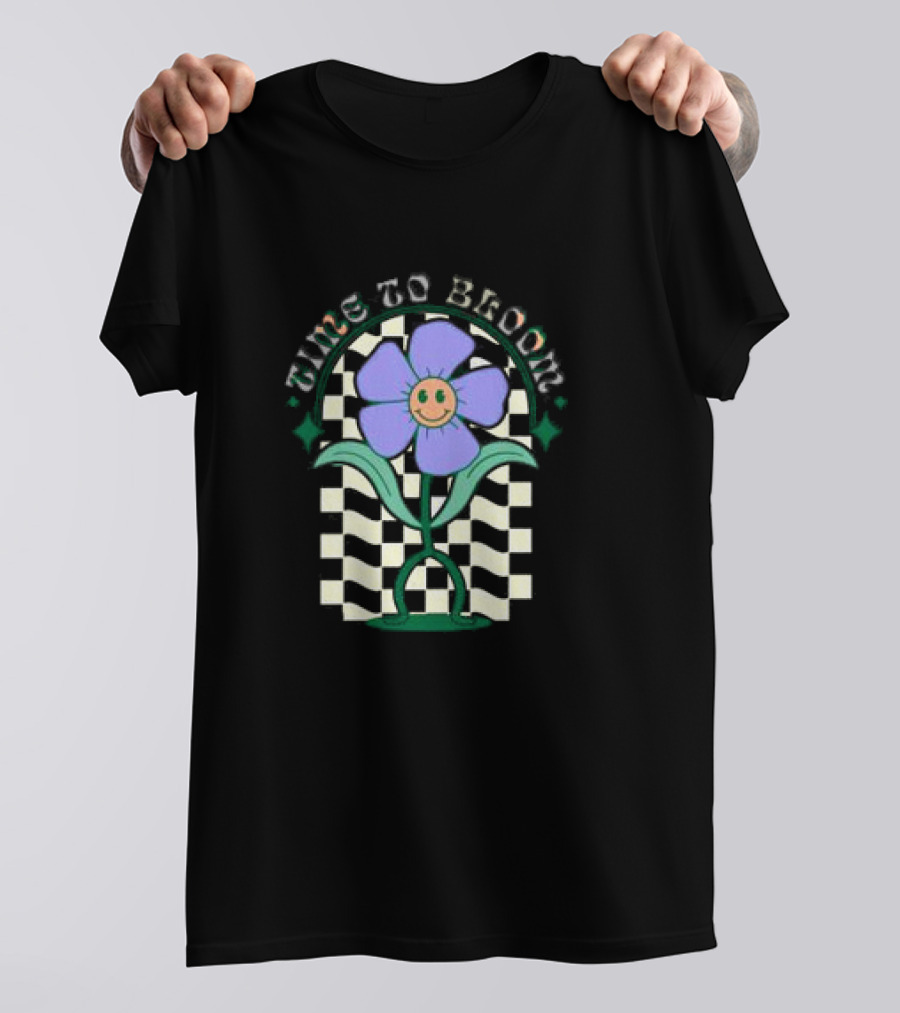 Time To Bloom Flower With Checkerboard Background And Smiley Face T-Shirt