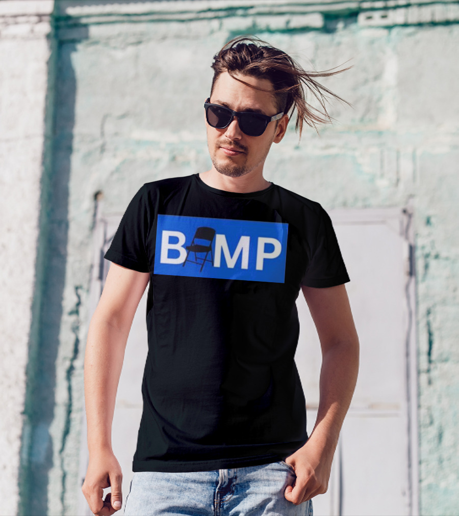 Bump Chair Logo With Folding Chair In Blue Block Letters T-Shirt