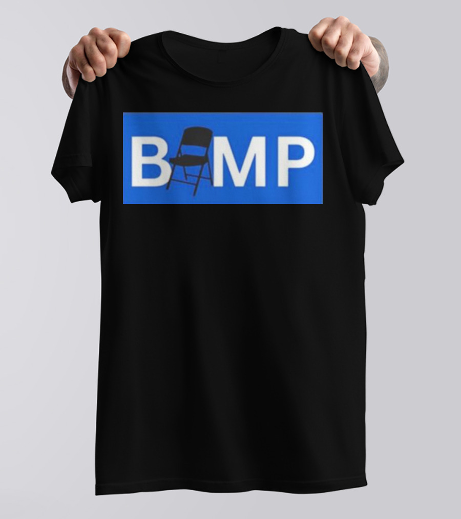 Bump Chair Logo With Folding Chair In Blue Block Letters T-Shirt