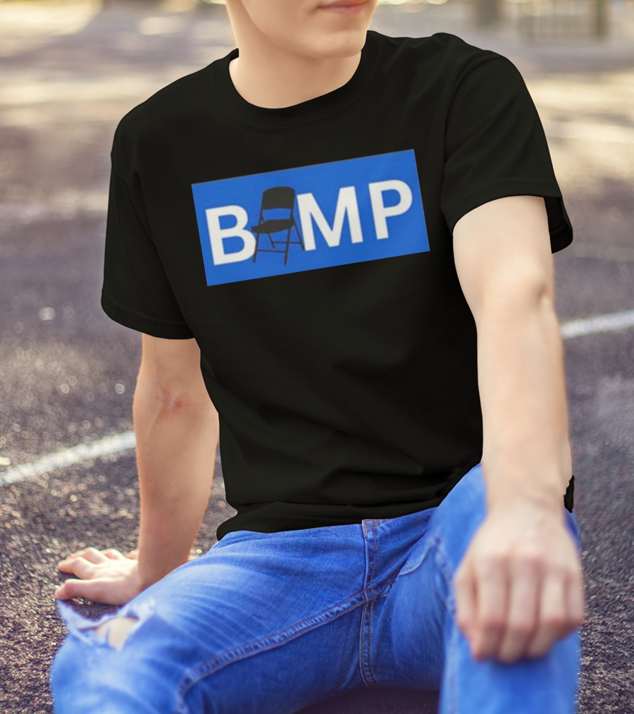 Bump Chair Logo With Folding Chair In Blue Block Letters T-Shirt