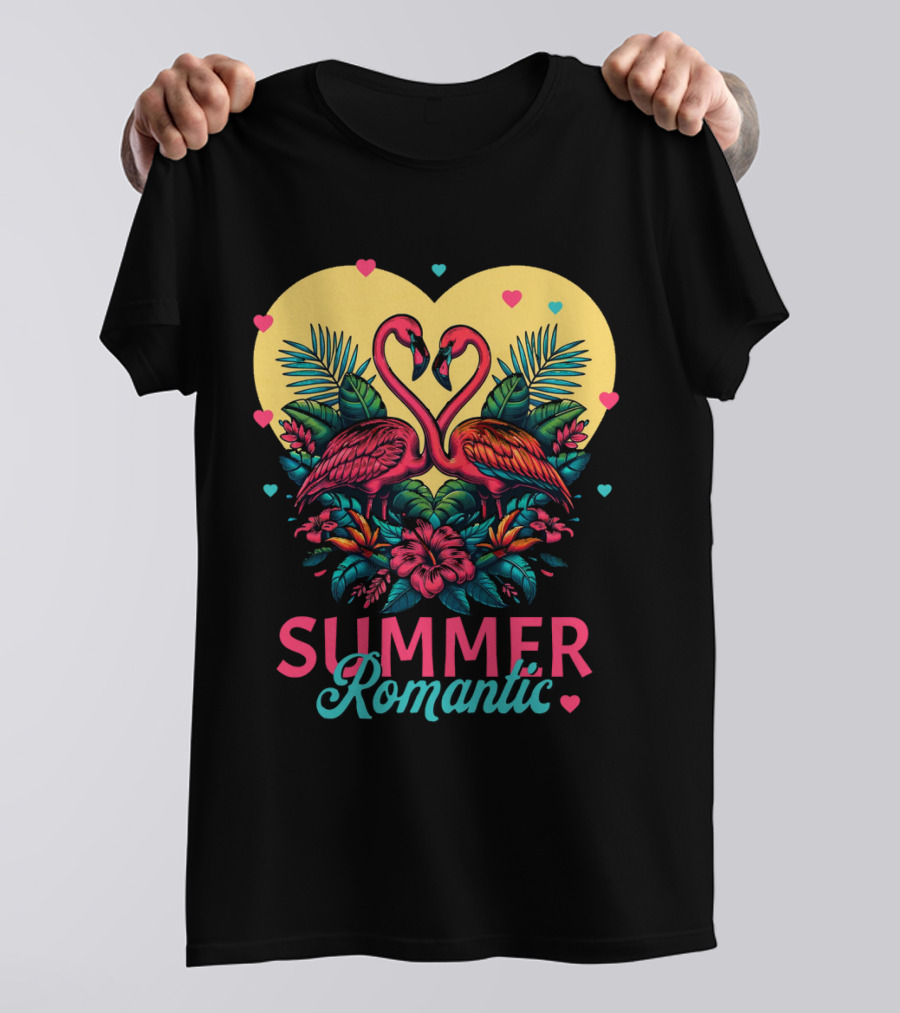 Summer Romantic Flamingo Birds Love Heart And Tropical Flowers T-Shirt