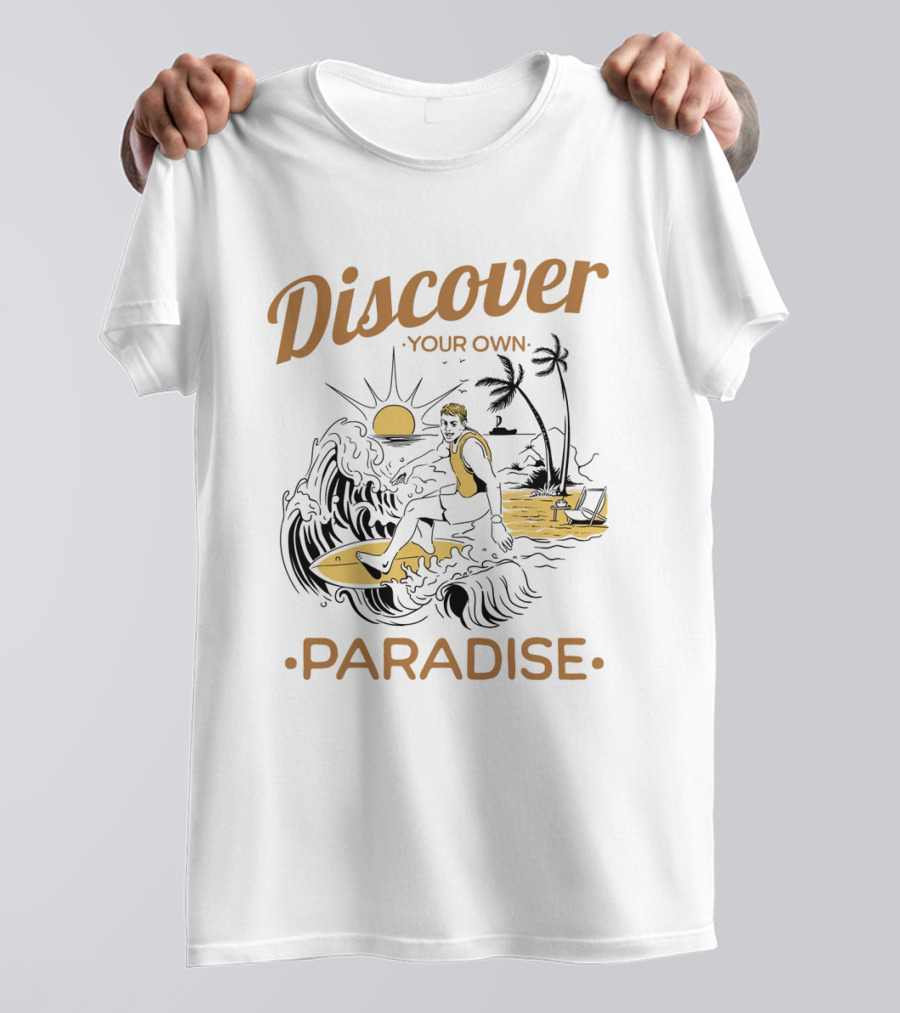 Discover Your Own Paradise Surfer Sunset Scene T-Shirt