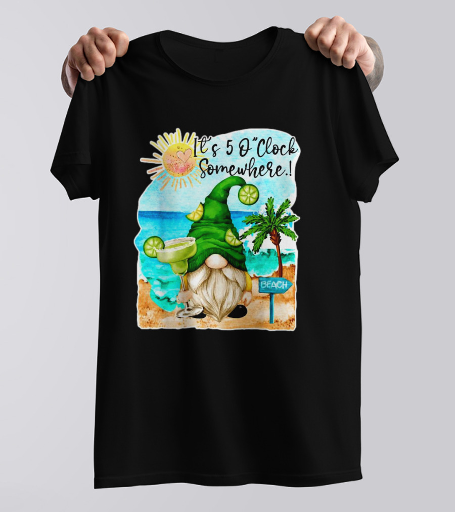 Margarita Gnome It’s 5 O’Clock Somewhere Palm Trees Beach Scene T-Shirt