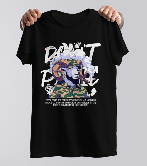 Don't Panic Keep Calm And Carry On Ram With Camo And Cigar T-Shirt