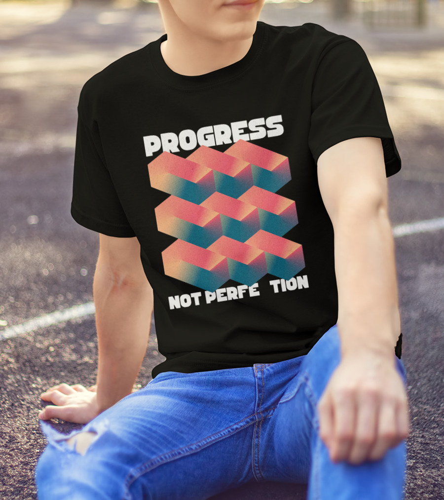 PROGRESS NOT PERFECTION Geometric Illusion 3D Blocks T-Shirt