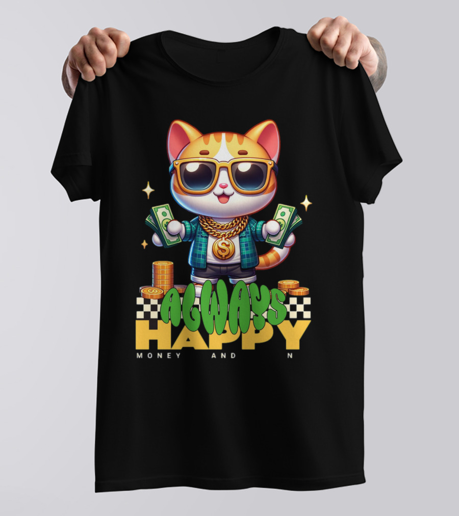 Always Happy Money And Fun Cool Cat With Sunglasses And Cash T-Shirt