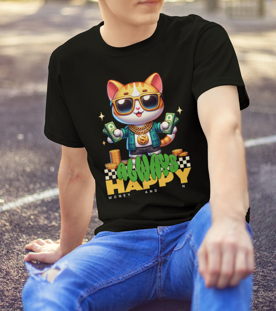 Always Happy Money And Fun Cool Cat With Sunglasses And Cash T-Shirt