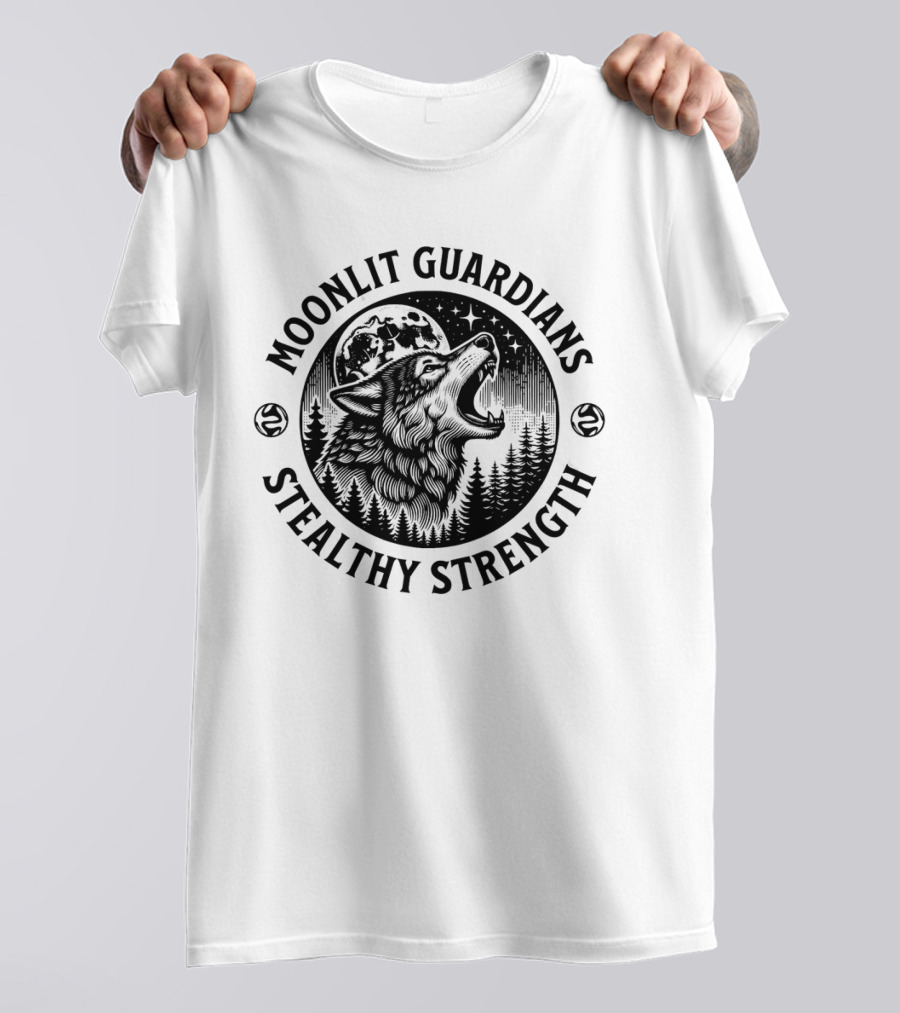 Moonlit Guardians Stealthy Strength Wolf Under Moon And Stars T-Shirt