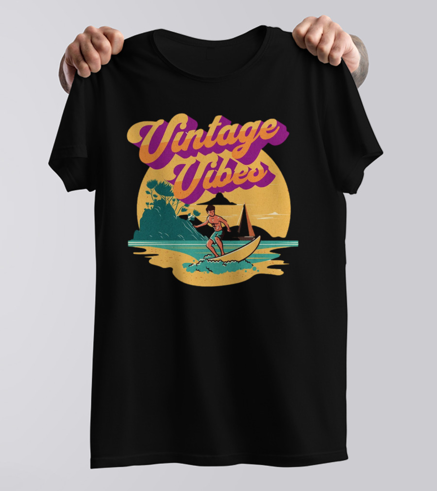 Vintage Vibes Retro Surfing Adventure Sunset Scene T-Shirt