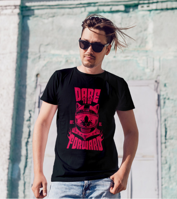 Dare To Go Forward Cat Club Est. 95 Helmet Flames T-Shirt