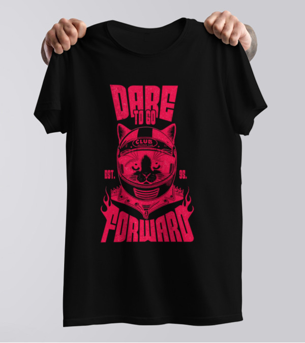 Dare To Go Forward Cat Club Est. 95 Helmet Flames T-Shirt