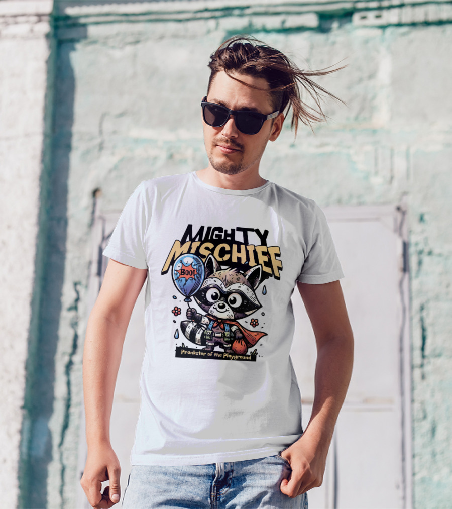 Mighty Mischief Raccoon With Boo Balloon Prankster Of The Playground T-Shirt