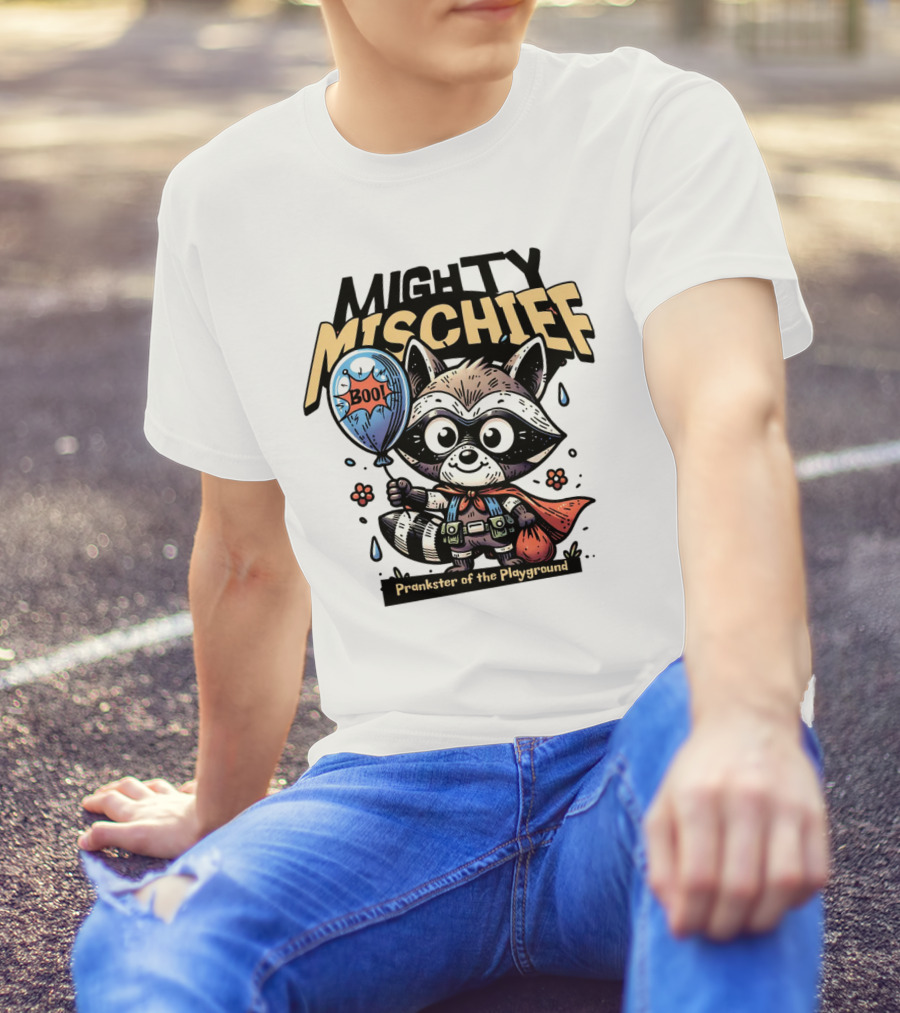 Mighty Mischief Raccoon With Boo Balloon Prankster Of The Playground T-Shirt