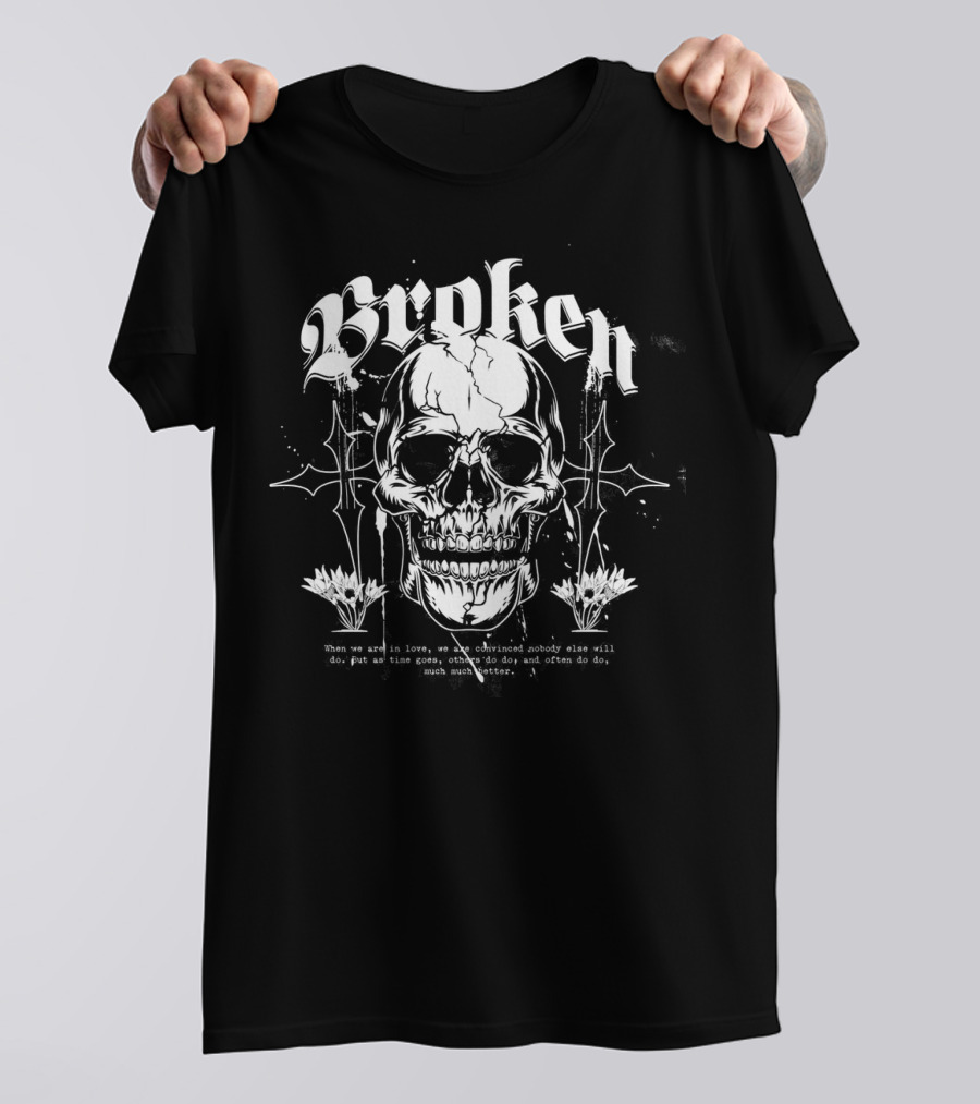 Broken Skull With Gothic Text And Crosses T-Shirt