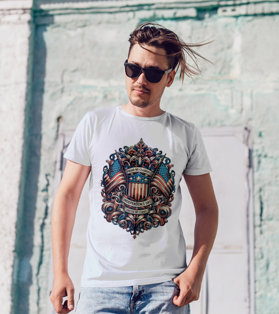 Proud We Celebrate Independence Day United We Stand American Flag Shield Ornamental T-Shirt