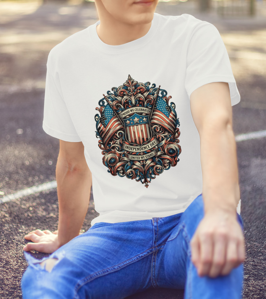 Proud We Celebrate Independence Day United We Stand American Flag Shield Ornamental T-Shirt