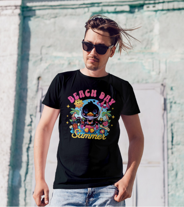 Beach Day Summer Happy Times Good Sunshine Duck In Pool With Palm Trees And Watermelon T-Shirt