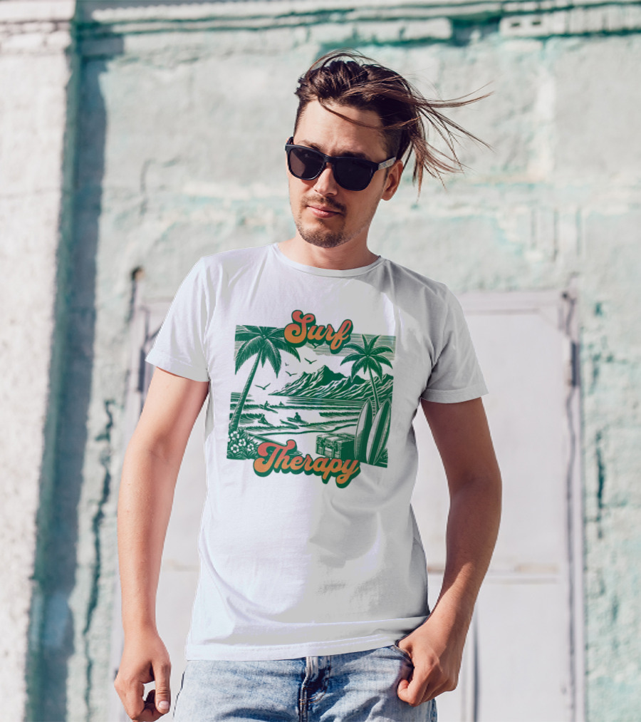 Surf Therapy Tropical Beach Scene With Palm Trees And Surfboards T-Shirt