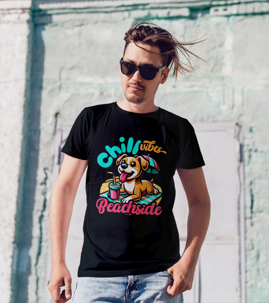 Chill Vibes Beachside Relaxing Dog With Umbrella And Drink T-Shirt