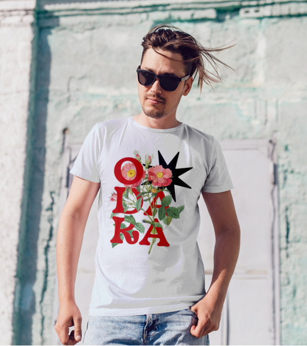 ODARA Bold Floral Art With Red Letters And Pink Flowers T-Shirt