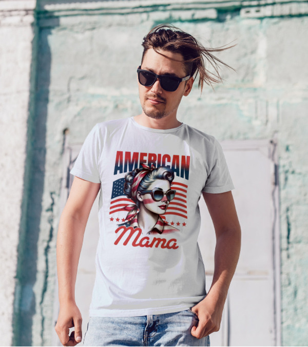 American Mama Vintage Patriotic Bandana Sunglasses Retro Flag Stars T-Shirt