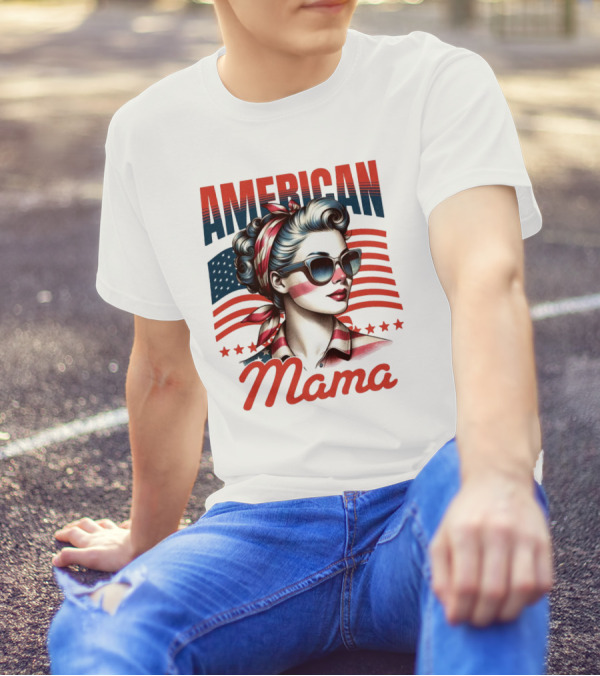 American Mama Vintage Patriotic Bandana Sunglasses Retro Flag Stars T-Shirt