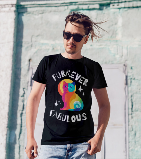Furrever Fabulous Rainbow Cat With Stars T-Shirt