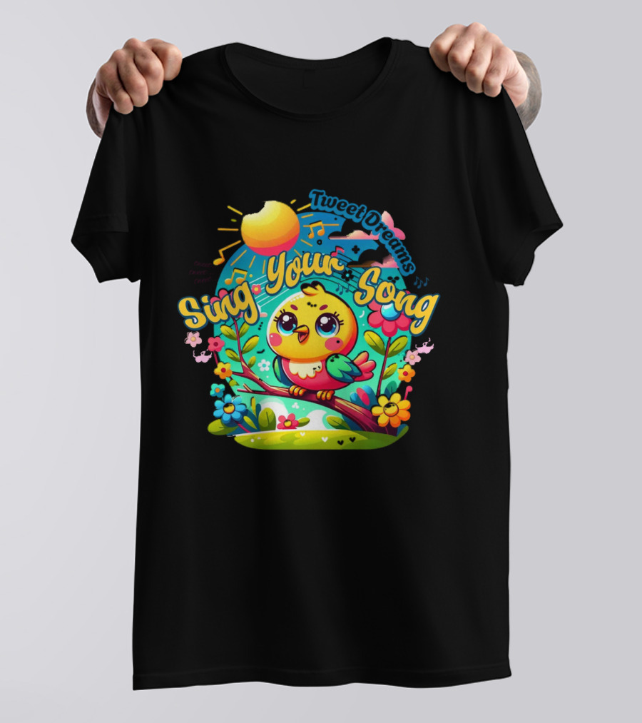 Tweet Dreams Sing Your Song Brightly-Colored Cartoon Bird And Musical Notes T-Shirt