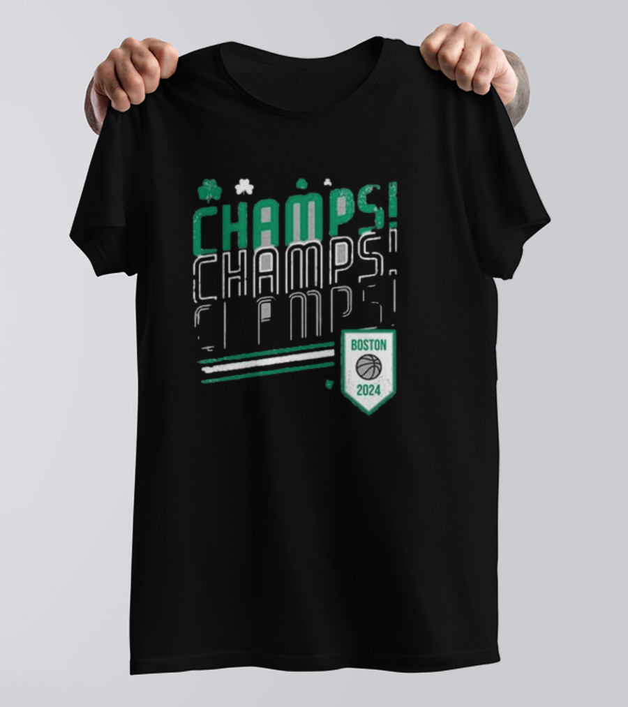 Boston Celtics ’24 Champs Champs Champs Basketball Shield T-Shirt